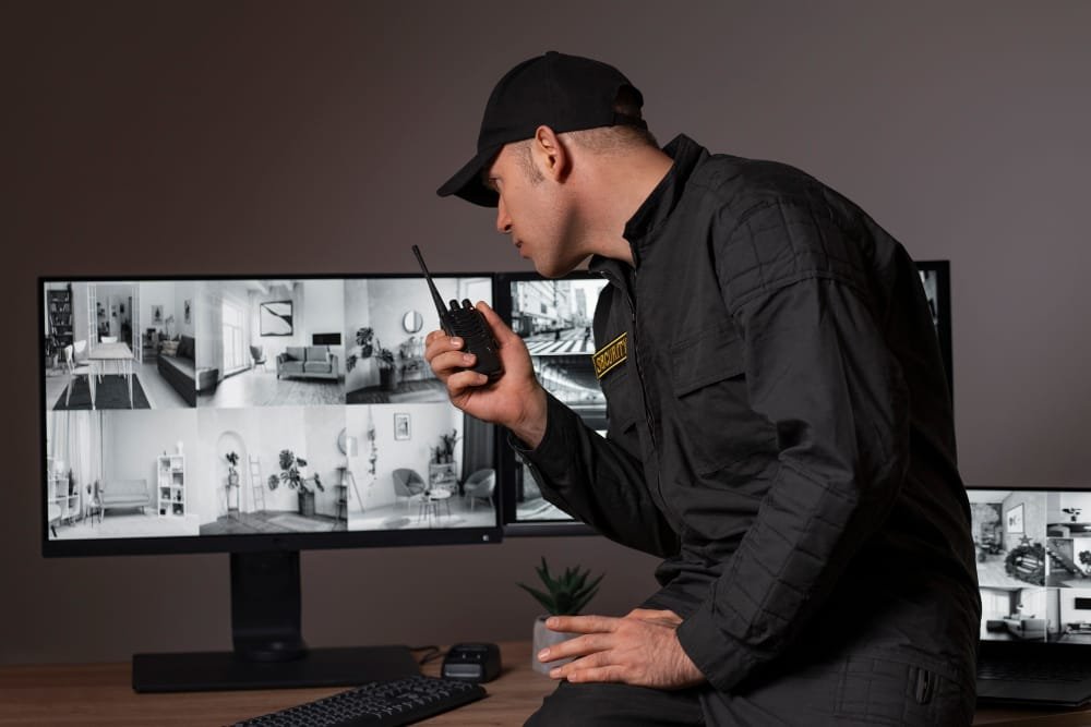 A security guard in a dark uniform and cap, holding a walkie-talkie, intently watching multiple surveillance feeds displayed across several monitors showing different interior rooms.