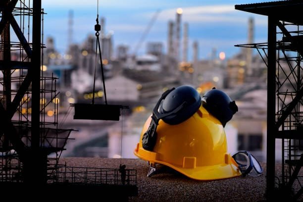 A yellow hard hat with ear protection and safety glasses on a ledge, overlooking a blurred industrial site.