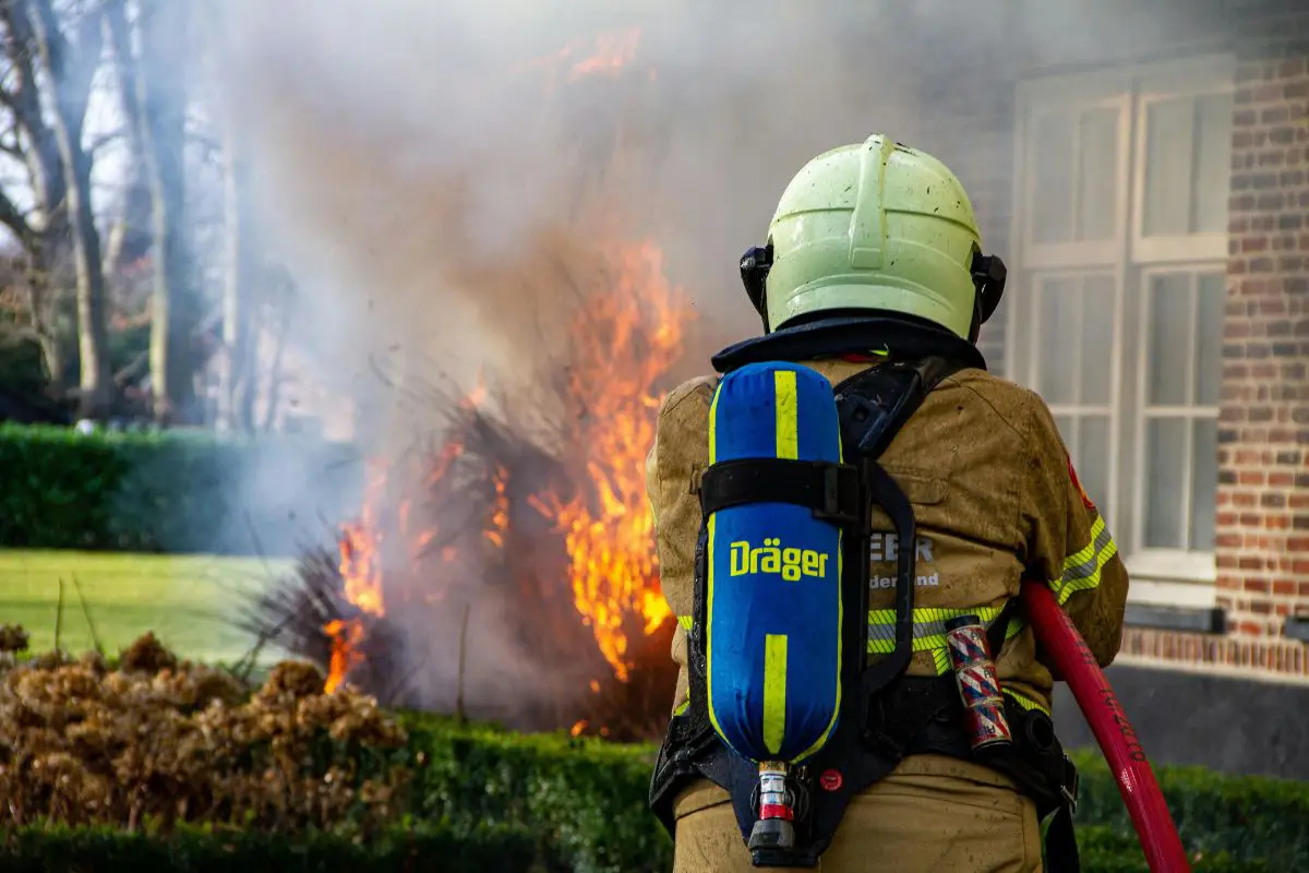 A firefighter in a helmet and air tank stands with their back to the camera, facing a fire with smoke.