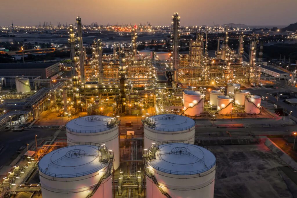 Industrial oil refinery at dusk