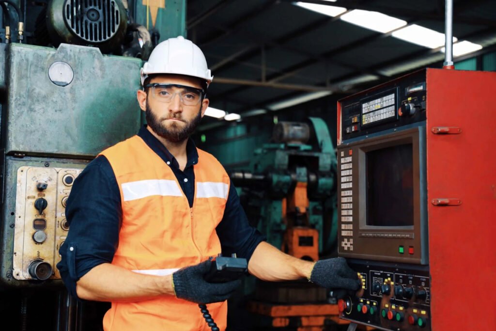 Man operates factory machinery