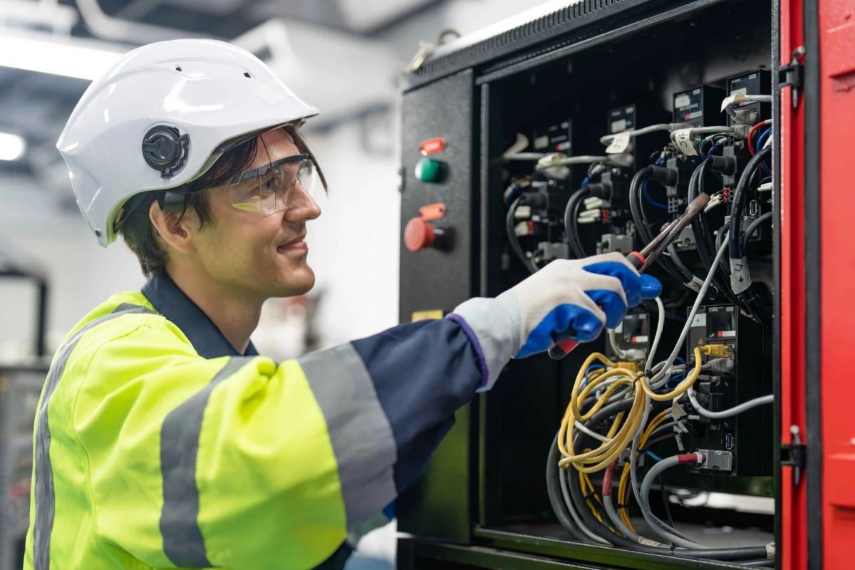 Worker connects wires in panel