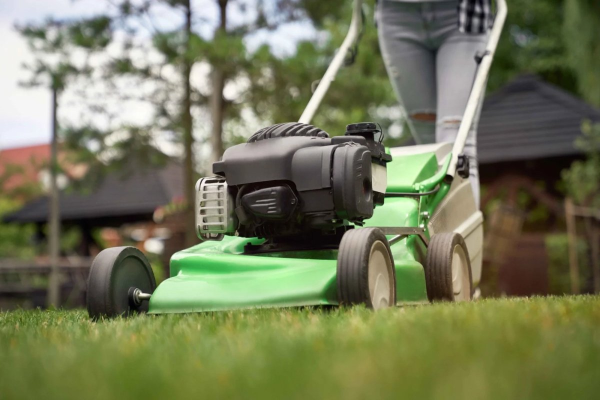 Person mowing a lawn with a green mower