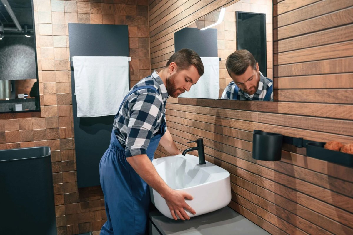 Man installs bathroom sink