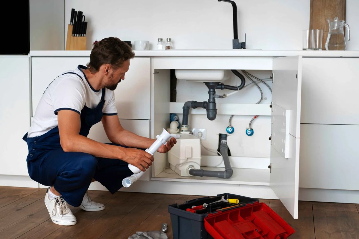Plumber fixing kitchen sink