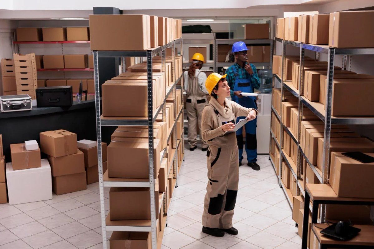 Worker sorting packages in a warehouse